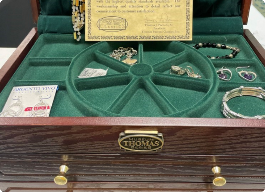 Thomas Pacconi Wooden Jewelry Box Filled with Some Jewelry