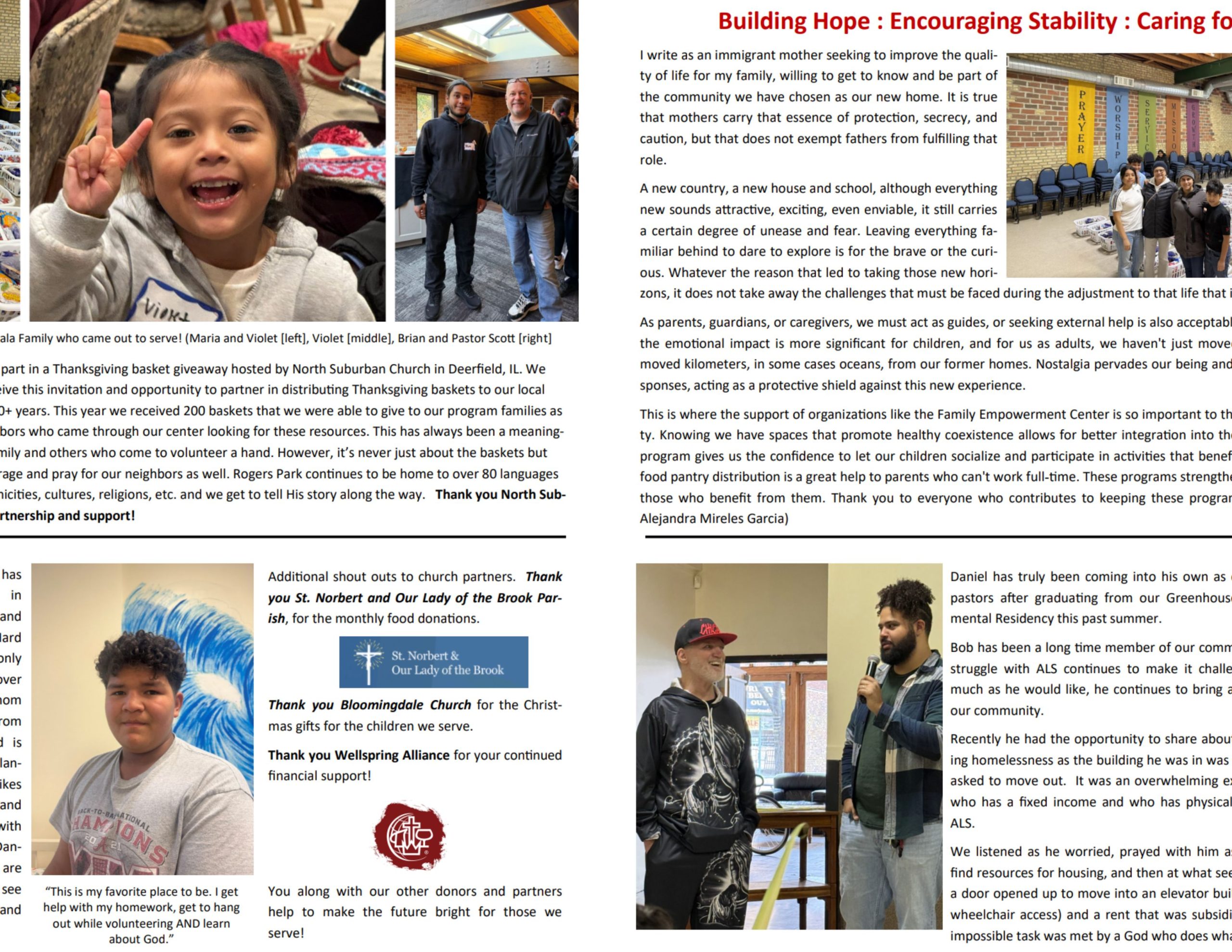 Collage of a smiling child with a peace sign, two men indoors, and a group of people in a hall accompanying text about building hope and community support.